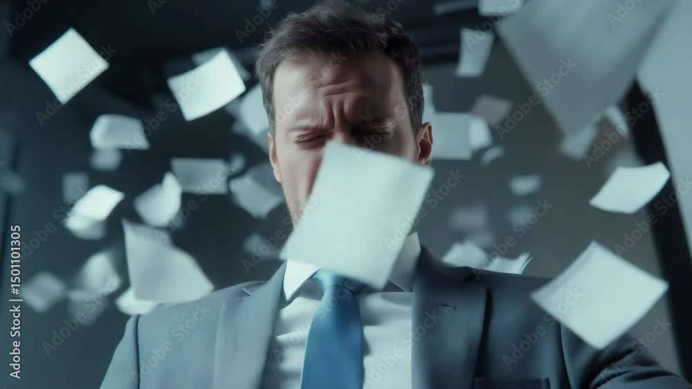Poster stressed businessman throwing papers into the air in an office, screaming in frustration while exper
