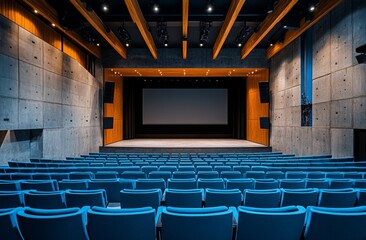 Naklejka premium A large auditorium with blue chairs and a large screen