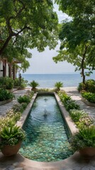 Beach resorts oceanfront spa concept. Serene outdoor pool surrounded by lush greenery and ocean view.
