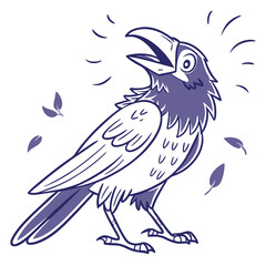 Obraz premium Drawn crow, depicted through stylized lines, appears to caw amidst falling leaves
