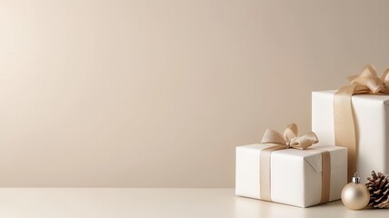 Elegant christmas still life a featuring white gift boxes with golden ribbons, a golden ball, and a pine cone on composition beige background