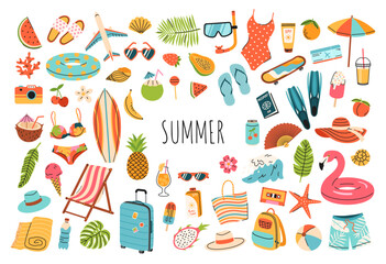 Cartoon doodle set of summer with icons and stickers. Collection elements for vacation, beach holiday, weekend and summer time concept. Hand drawn modern items, signs for card, scrapbooking, print