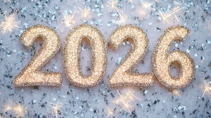 Golden glittering numbers christmas 2026 eve by silver confetti and burning sparklers, celebrating new year's surrounded