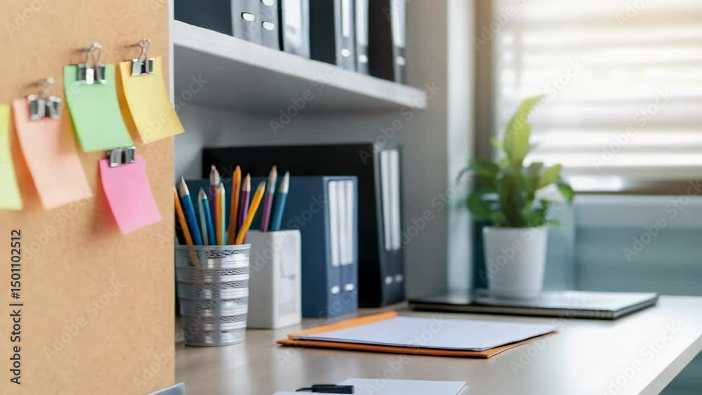 Poster colorful sticky notes are attached to a cork board with clips in a modern office. creating a visual 