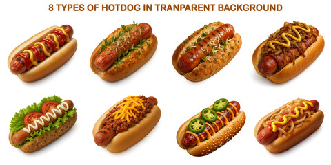 Realistic 3D Render of 8 Varieties of Hot Dogs Isolated on Transparent Background for Design Use