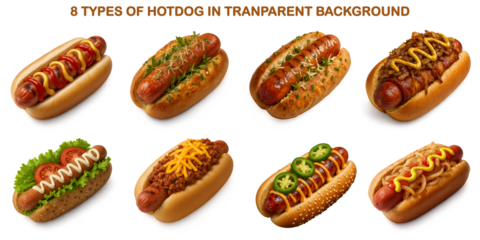 Realistic 3D Render of 8 Varieties of Hot Dogs Isolated on Transparent Background for Design Use