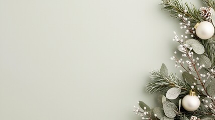 Christmas decoration creating a festive atmosphere with white ornaments, pine cones, and eucalyptus leaves arranged on a soft green background