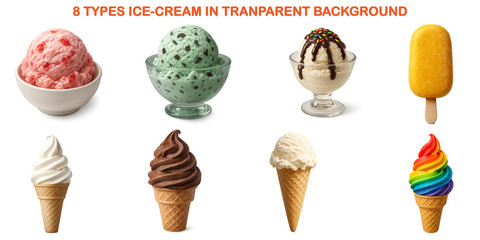 Realistic 3D Render of 8 Ice Cream Types Isolated on Transparent Background for Design Projects