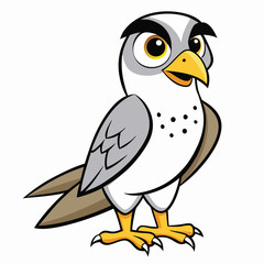 Cartoon falcon stands attentively, featuring bright eyes and speckled plumage, against a solid backdrop