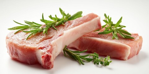 Close-Up of Raw Pork Chops with Rosemary on White Background