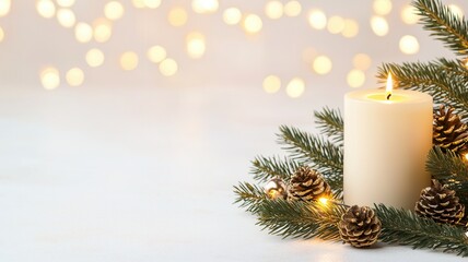holiday christmas candlelight glowing among pine branches and pinecones, creating cozy Warm atmosphere with soft bokeh lighting