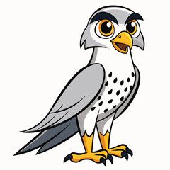 Cartoon merlin falcon with yellow eyes stands alertly, showcasing its unique spotted plumage