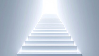 Obraz premium Ascending white stairs lead to a bright, diffused light source in a stark, minimalist setting