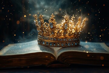 A golden crown is on top of an open book