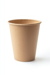 Beige disposable paper cup, simple and plain.  A single, round, short cup, light beige color, against a plain white background.  Made of a sturdy paper material