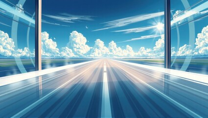 A reflective glass surface of a building mirrors a runway extending into the distance under a bright sky with scattered clouds. Generative, AI,