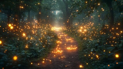 Magical forest path with glowing orbs among dense foliage, inviting exploration