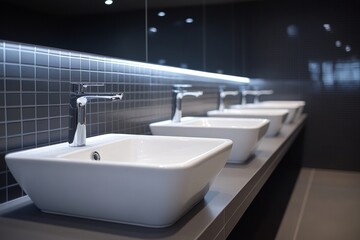 A row of white sinks in a black bathroom