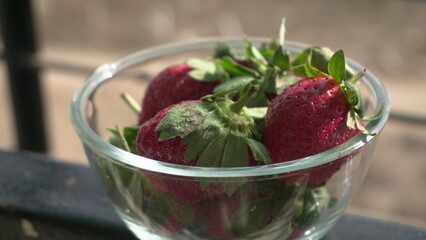 Fresh and Juicy beautiful organic strawberries on wooden background. Top view point.