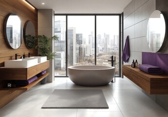 Fototapeta premium A large bathtub with a purple cover sits in a bathroom with a view of the city