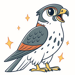 Cartoon falcon with open beak stands among sparkling star shapes creating playful energy
