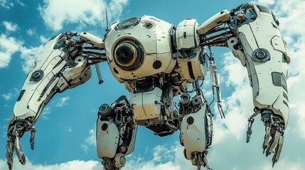 Fototapeta premium Futuristic robotic guardian soaring over a serene skyscape with expansive appendages