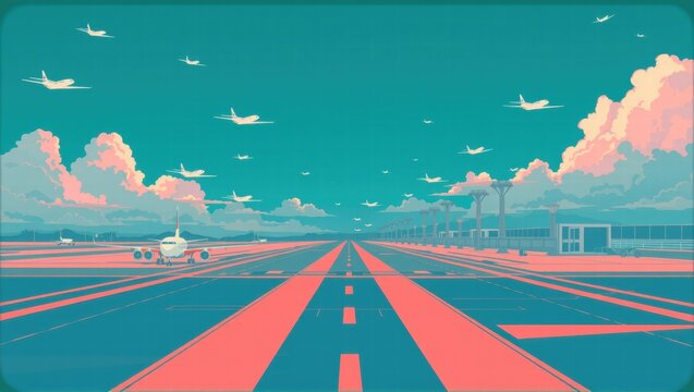 A vibrant airport runway scene with multiple airplanes in the sky, terminal buildings on both sides, and a setting sun in the background. Generative, AI,