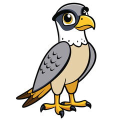 Cartoon falcon is standing with a grey head, yellow beak, and strong feet