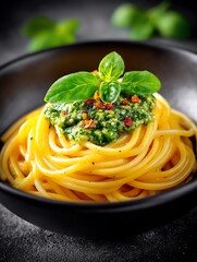 Pasta Pesto Delight in Dark Bowl
