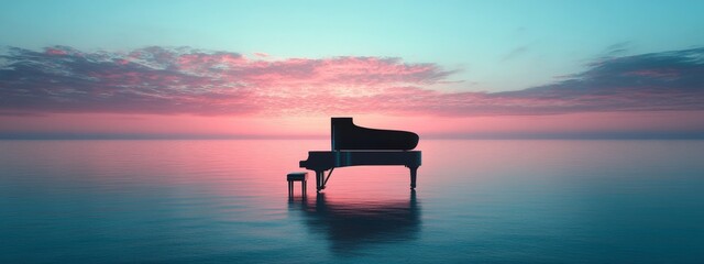 A piano is floating on the water in a beautiful sunset