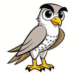 Cartoon hawk stares intensely with yellow beak and feet on a plain background