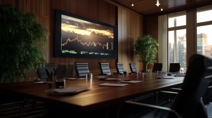 Conference room with global economic uncertainty displayed on large screen