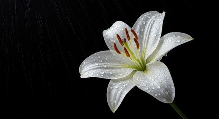 Close-up of a radiant white lily covered in fresh water droplets with streaks of rain against a striking black background, capturing the flower's dynamic beauty.