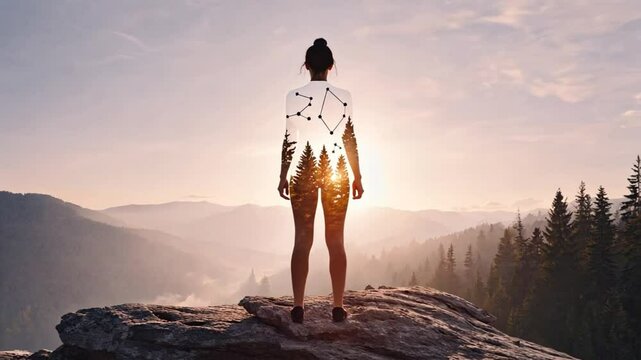Woman standing on a cliff doing yoga, timelapse from morning to sunset, surreal morphing scene above a valley, on top of a mountain