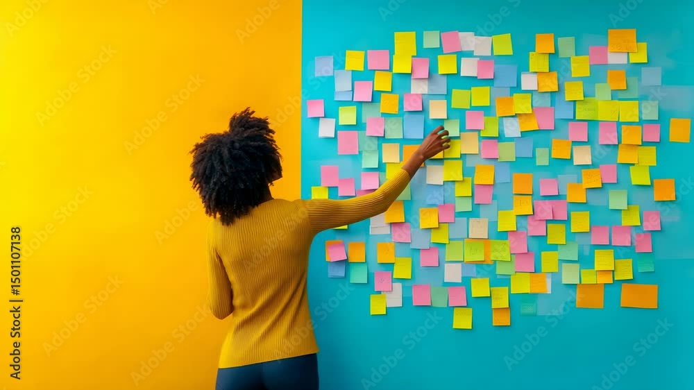 Poster Project manager organizing colorful adhesive notes on a wall, visually mapping out tasks and ideas for an innovative project plan while enhancing collaboration and productivity
