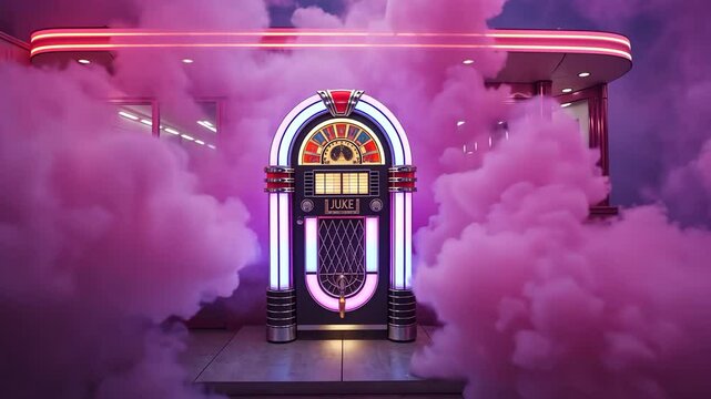Retro jukebox glowing in neon lights with purple smoke and vinyls in background, standing in a dreamy vintage bar setting. Nostalgic 80s vibe