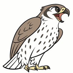 The cute falcon cartoon character with spots is standing and looks excited