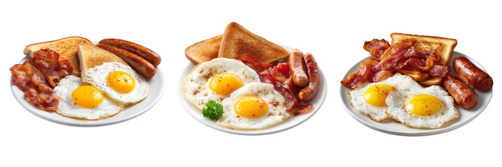 Set of American breakfast set with eggs bacon toast and sausage isolated on a transparent background