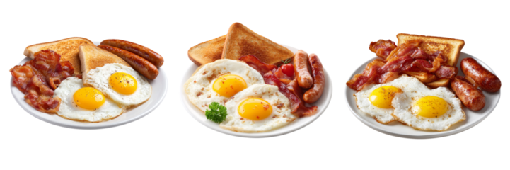 Set of American breakfast set with eggs bacon toast and sausage isolated on a transparent background