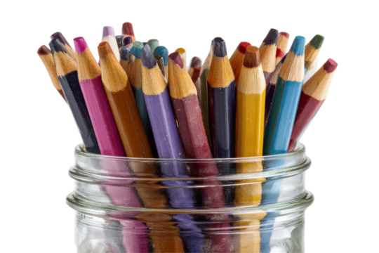 Pencils in glass jar isolated on transparent PNG background
