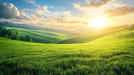 Obraz premium Rolling hills glowing under sunrise light high resolution picture