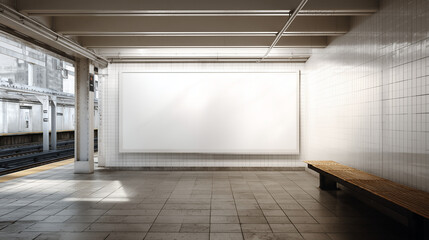 Obraz premium white blank billboard on a tiled wall inside a subway station