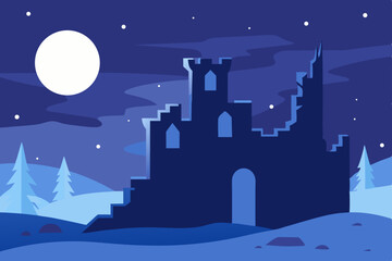 Naklejka premium frosty castle ruins glowing under moonlight in 
