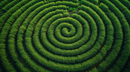 A mesmerizing spiral of lush green tea bushes forming a breathtaking natural labyrinth pattern in vibrant sunlight from