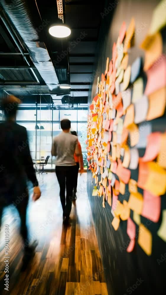 Aufkleber Professional employee walking through minimalist office hallway, passing colorful task board with sticky notes tracking workflow progress for agile project management