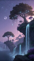 Tropical island night landscape shows a dark blue silhouette of trees under the full moonlight and stars