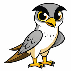 Cute cartoon falcon perches upright with striking yellow beak and talons depicted