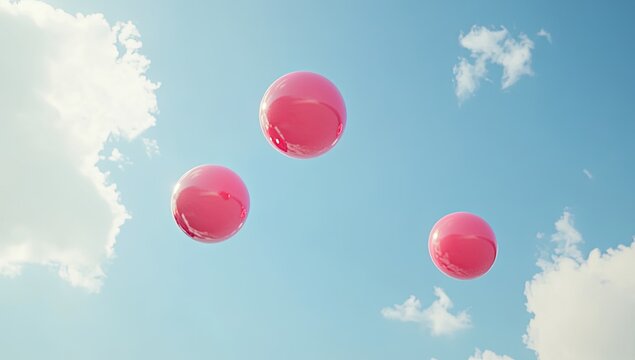Pink spheres float in a light blue sky dotted with clouds