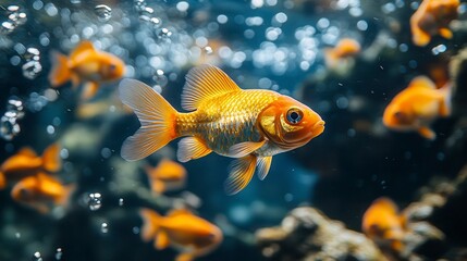 Golden fish swims. Bubbles rise in blue water, around other fish and rocky seabed scenery