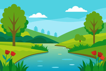 Fototapeta premium realistic riverside landscape in spring with fresh.svg